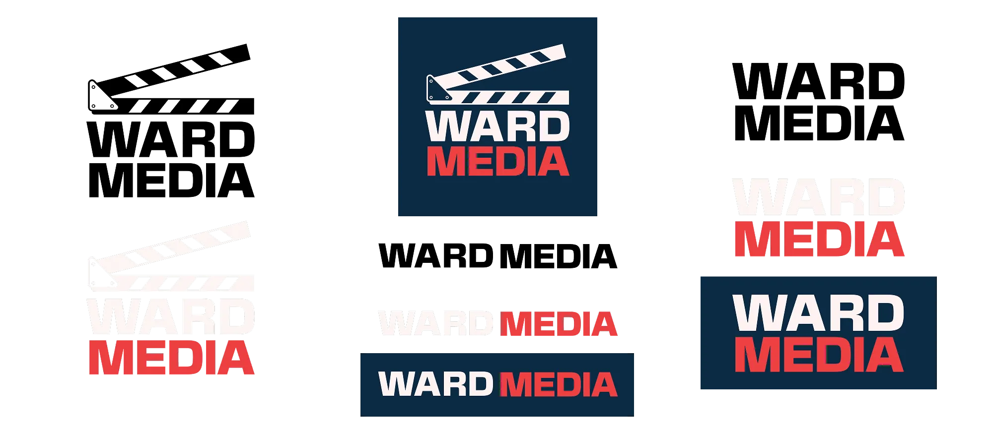 The final Ward Media logo design featuring a stylized clapperboard icon above bold white and red text on a solid dark blue background.